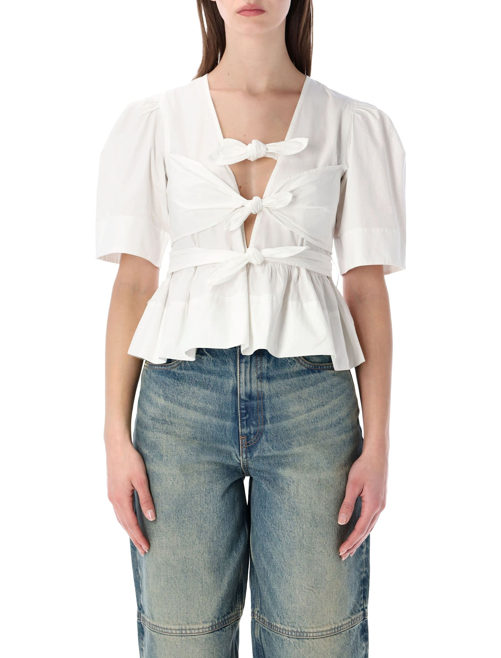 Ganni Washed Cotton Tie-front Blouse | Italist.com US