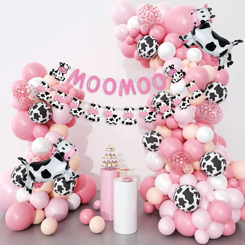 Pink Cow Balloons Garland Arch Kit, 140Pcs Pastel Pink Confetti Cow Print Balloons MOOMOO Banners... | Amazon (US)