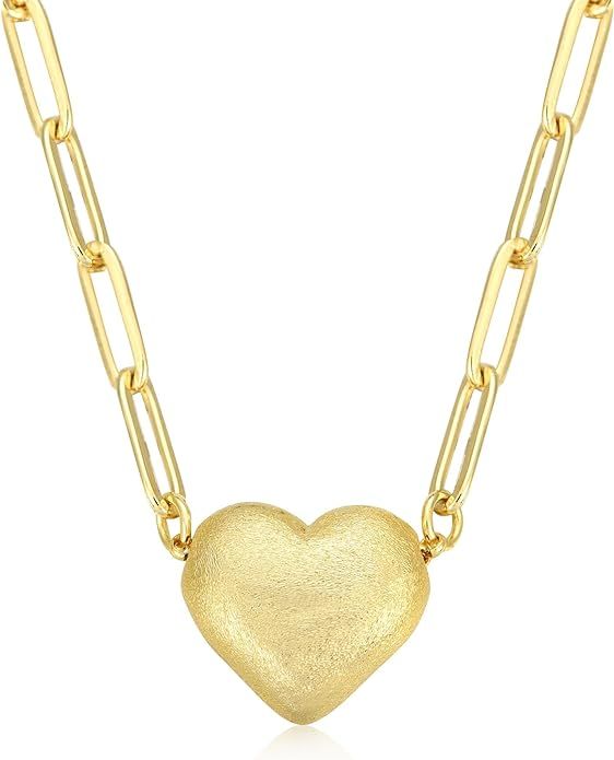 Puffy Heart Necklace 14K Gold Plated on Stainless Steel Paper Clip Chain | Shinny Or Brushed Fini... | Amazon (US)