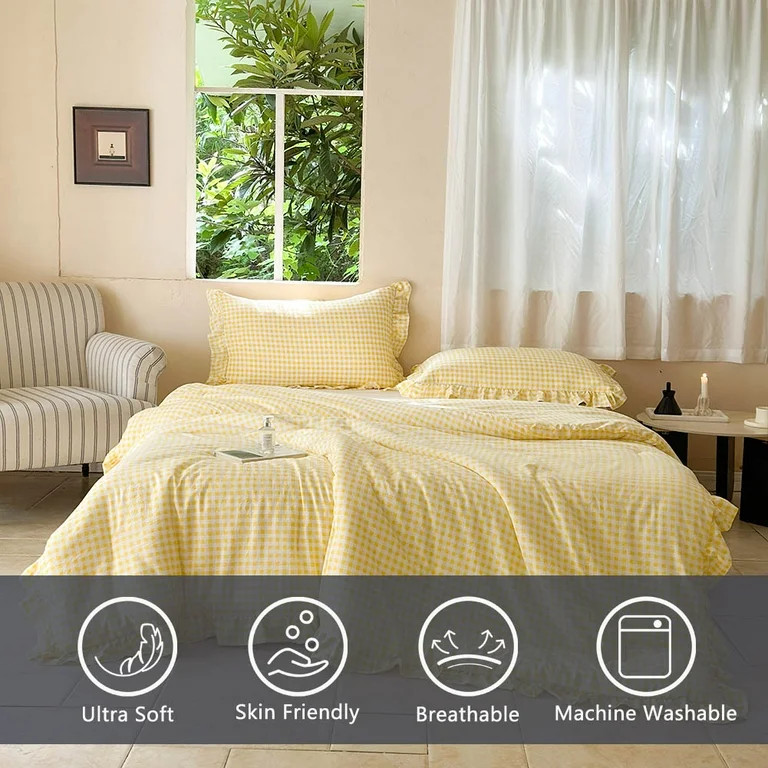 Yellow Gingham Ruffle Queen Comforter Set, Yellow Ruffled Plaid Bedding Set, Ruffled Checked Bed ... | Walmart (US)