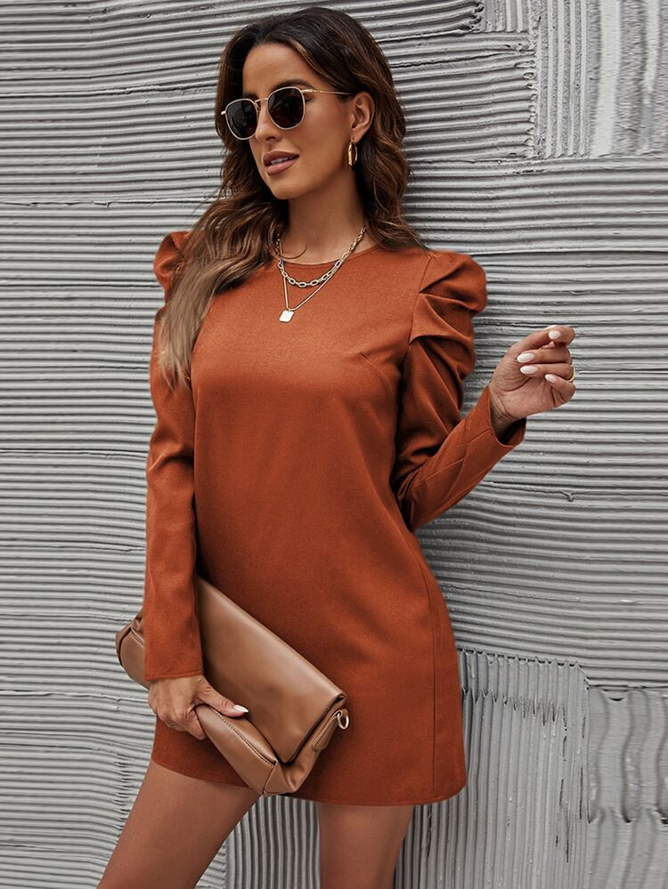 Solid Leg-of-mutton Sleeve Keyhole Back Dress | SHEIN