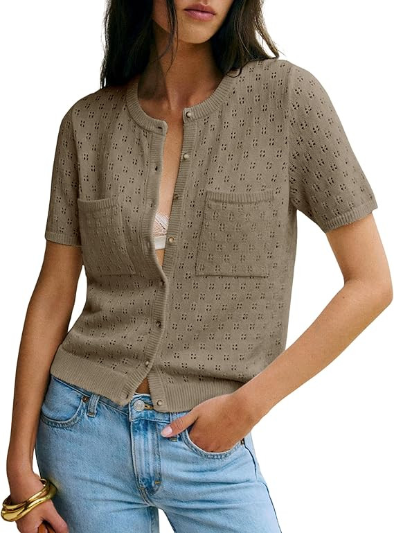 Daacee Women's Lightweight Cotton Crochet Cardigan Short Sleeve Button Up Cropped Cardigan Sweate... | Amazon (US)
