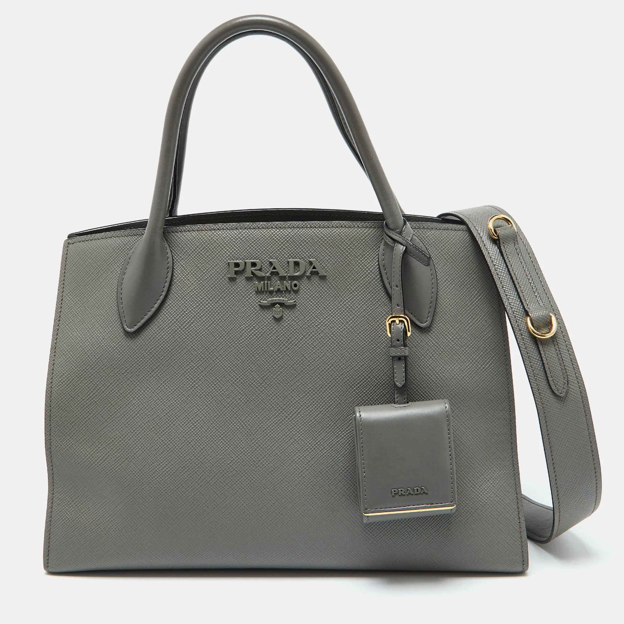 Prada Grey Saffiano Cuir Leather Monochrome Tote | Shop Simon