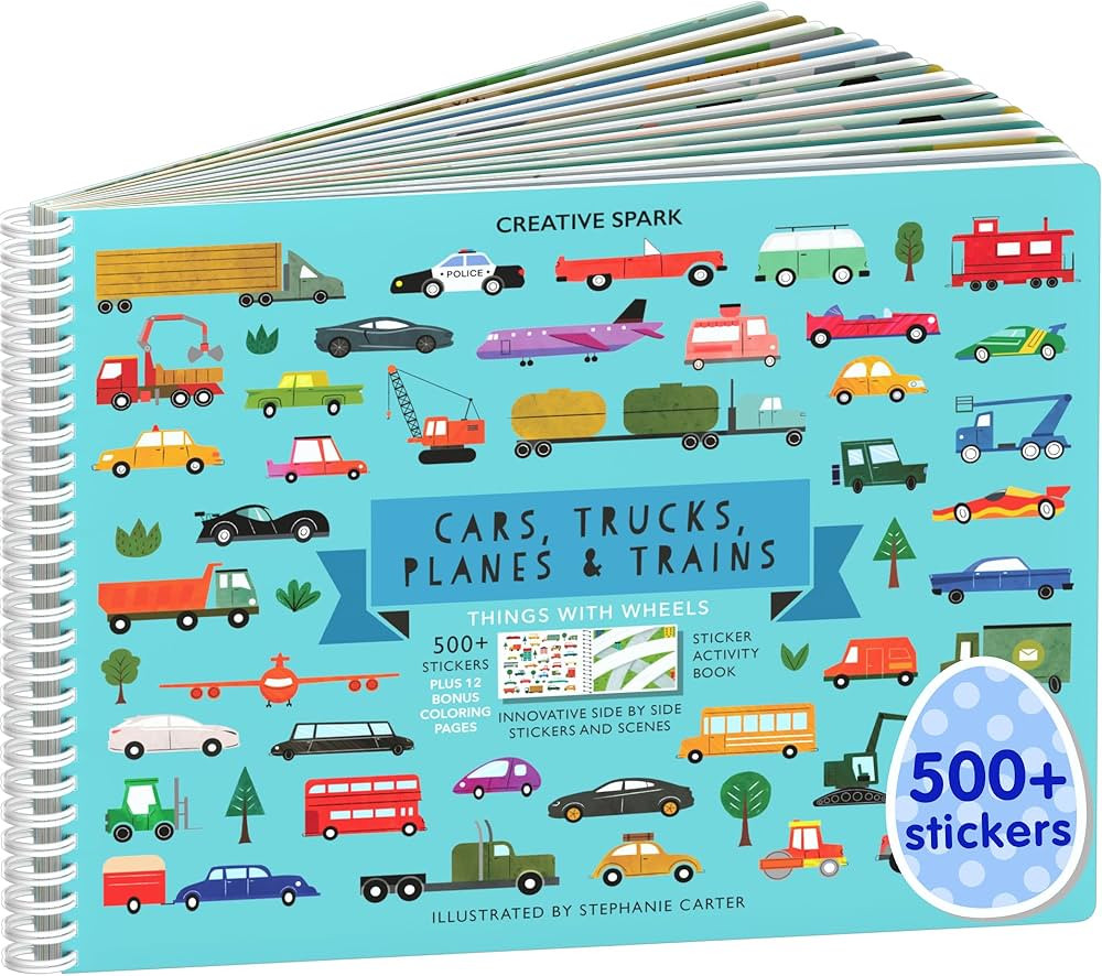 Sticker Book for Kids 2-4, 500+ Kids Stickers, Cars, Trucks, Planes & Trains 12 Coloring Pages 12... | Amazon (US)