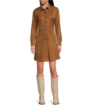 Faux Suede Button Front Long Sleeve Mini Shirt Dress | Dillard's