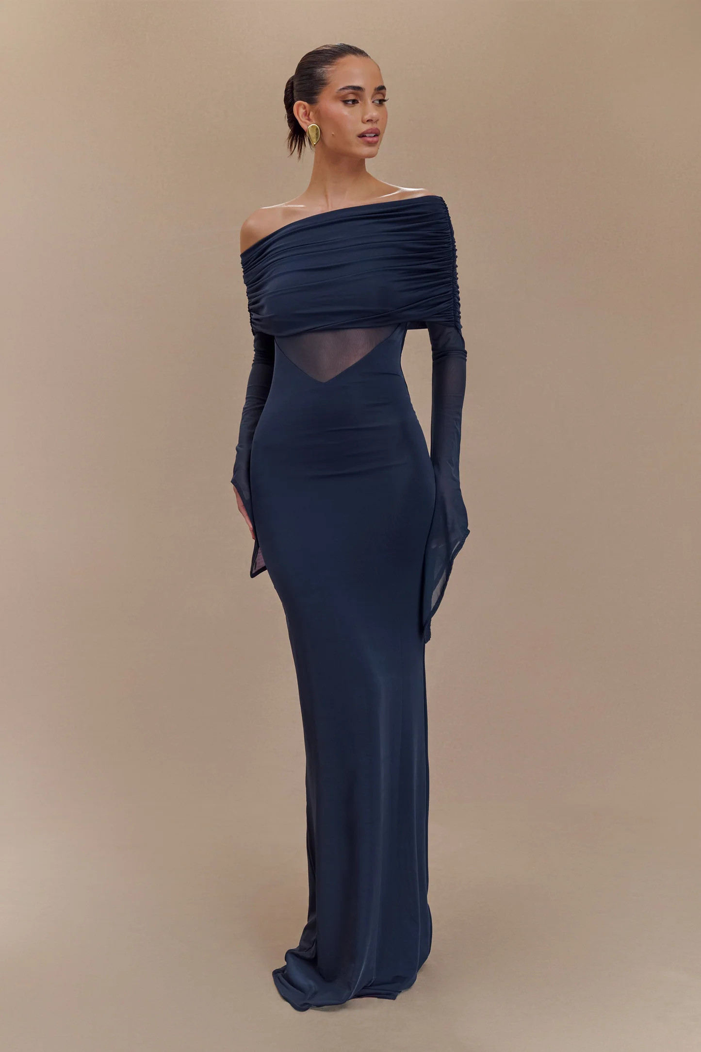 Kaitlin One Shoulder Slinky And Mesh Maxi Dress - Midnight Blue | Meshki (APAC)