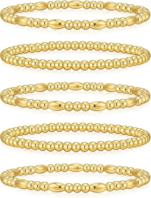 Howoo Gold Bracelets for Women 18K Stretch Beaded Bracelets Gold Bracelet Stack Plated Bead Ball ... | Amazon (US)
