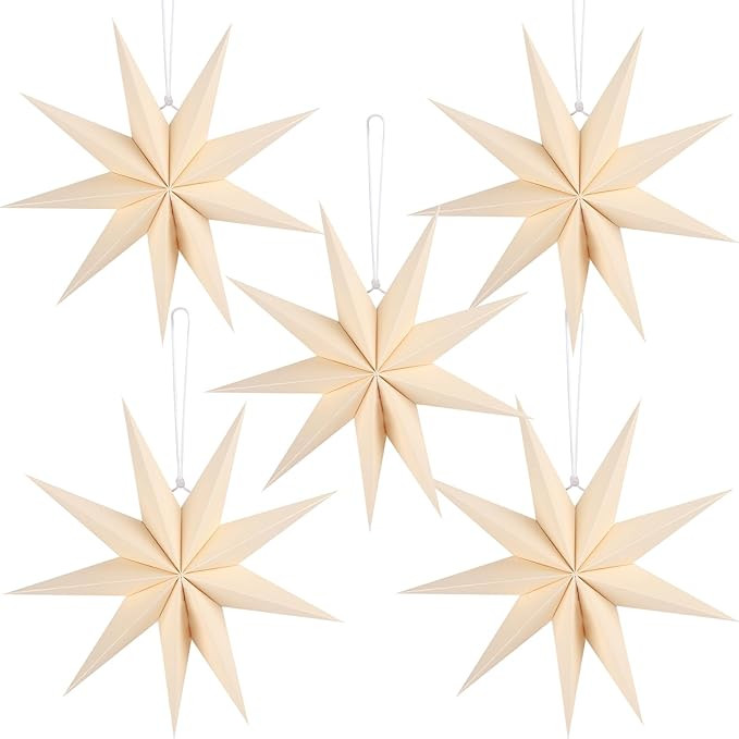 BestoFun 12 Inches 5 PCS Beige Paper Star Lanterns Christmas Party Decorations Hanging Stars Chri... | Amazon (US)