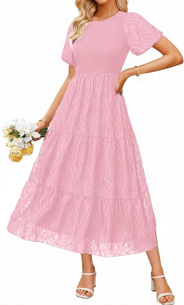 BerryGo Womens Summer Chiffon Midi Dress Short Sleeve Flowy Smocked Crewneck A Line Tiered Weddin... | Amazon (US)