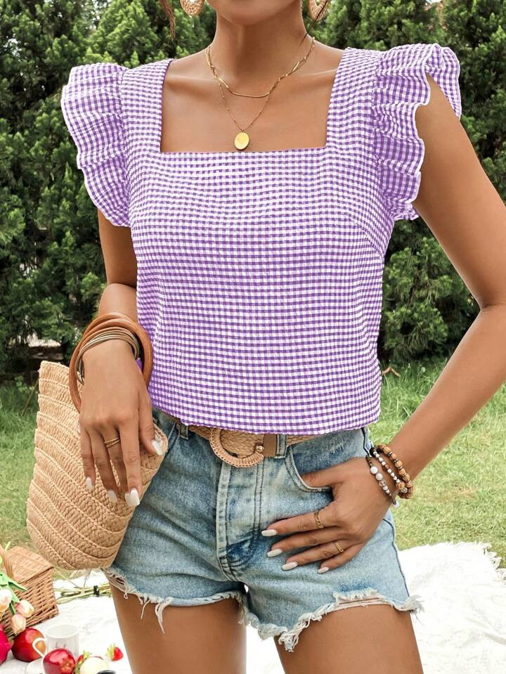 SHEIN VCAY Vacation Plaid Cap Sleeve Square Neck Regular Fit Women Shirt | SHEIN