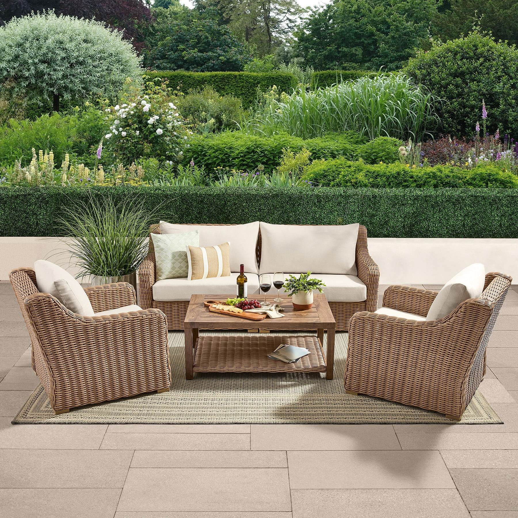 Better Homes & Gardens Bellamy 4 Piece Outdoor Patio Conversation Set, Natural | Walmart (US)
