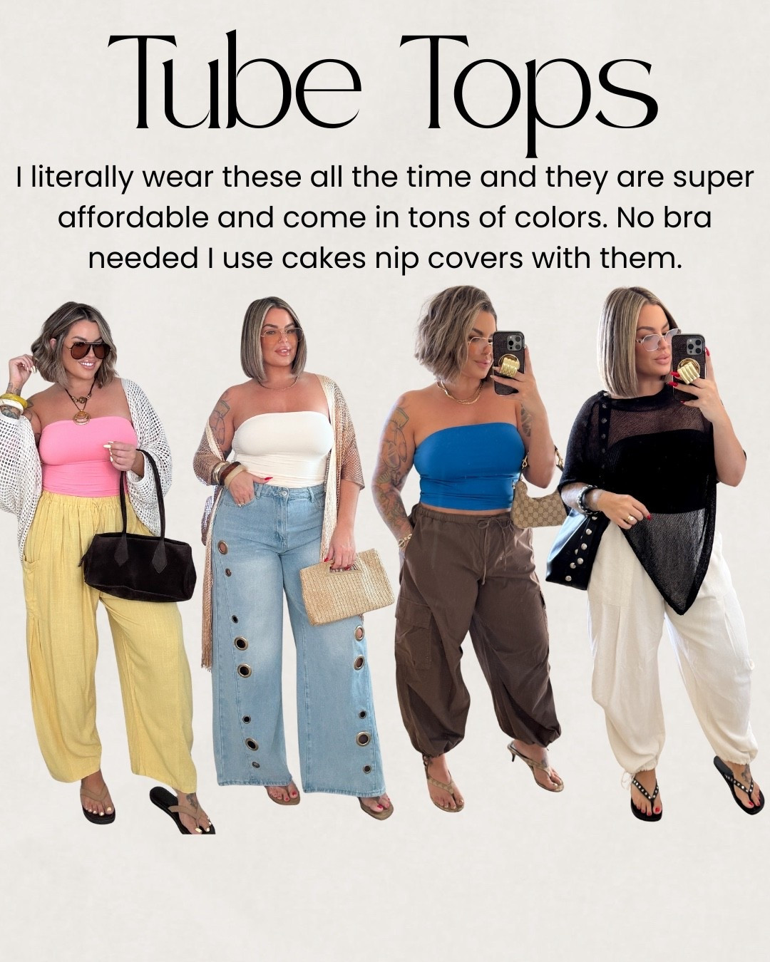 All tube tops L 
Yellow pants L 
Jeans xl 
Brown pants L 
Cream/white pants xl 
Black mesh poncho xl 
Cream cover up L