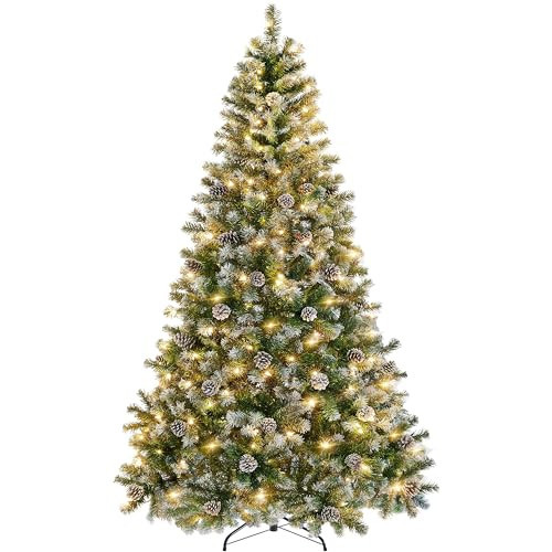 Yaheetech 6ft Pre-lit Christmas Tree, Snow Flocked Artificial Christmas Tree with 64 Snow Pinecones & 920 PVC Branch Tips & 250 Warm White Lights, White & Green | Amazon (US)