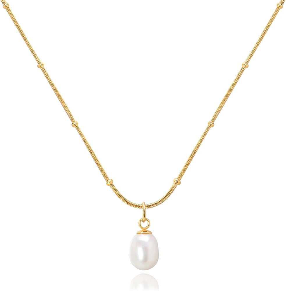 Dainty Freshwater Pearl Necklace for Women - 14K Gold Plated Oval Pearl Pendant Snake Chain Jewel... | Amazon (US)