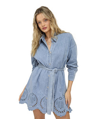 Women's Sunday Somewhere Denim Broderie Mini Shirt Dress | Macy's