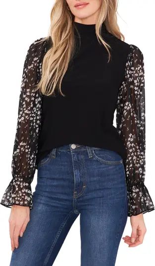 CeCe Mock Neck Contrast Sleeve Blouse | Nordstrom | Nordstrom