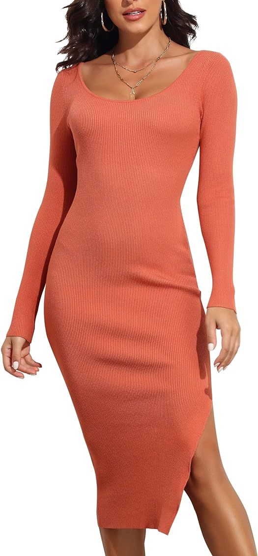 PrettyGuide Women's Midi Sweater Dress with Slit Scoop Neck Long Sleeve Slim Fit Ribbed Knit Bodycon | Amazon (US)