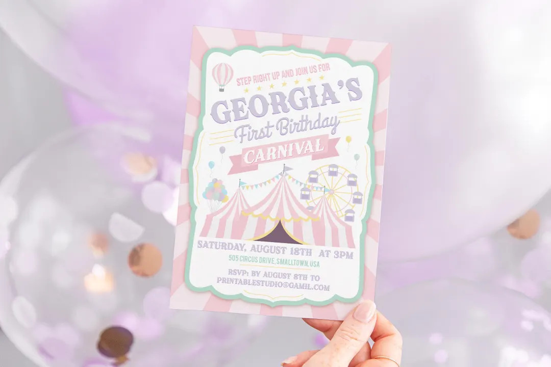 Editable Pastel Carnival Invitation, Carnival Birthday Party Invitation, Girls First Birthday Par... | Etsy (US)