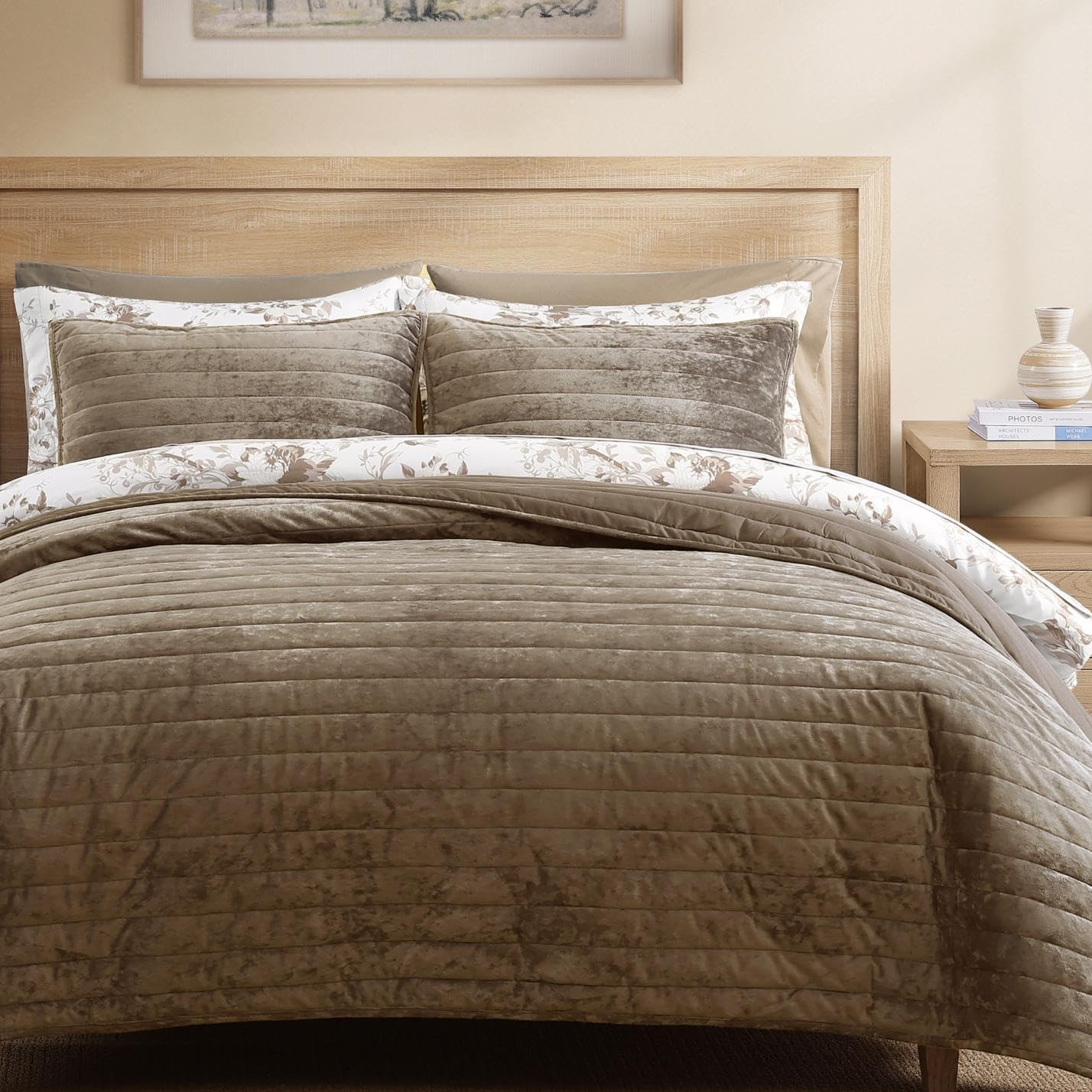 WRENSONGE Velvet King Size Quilt Set-3 Pieces Taupe Oatmeal Luxurious Velvet Striped Channel Comf... | Amazon (US)