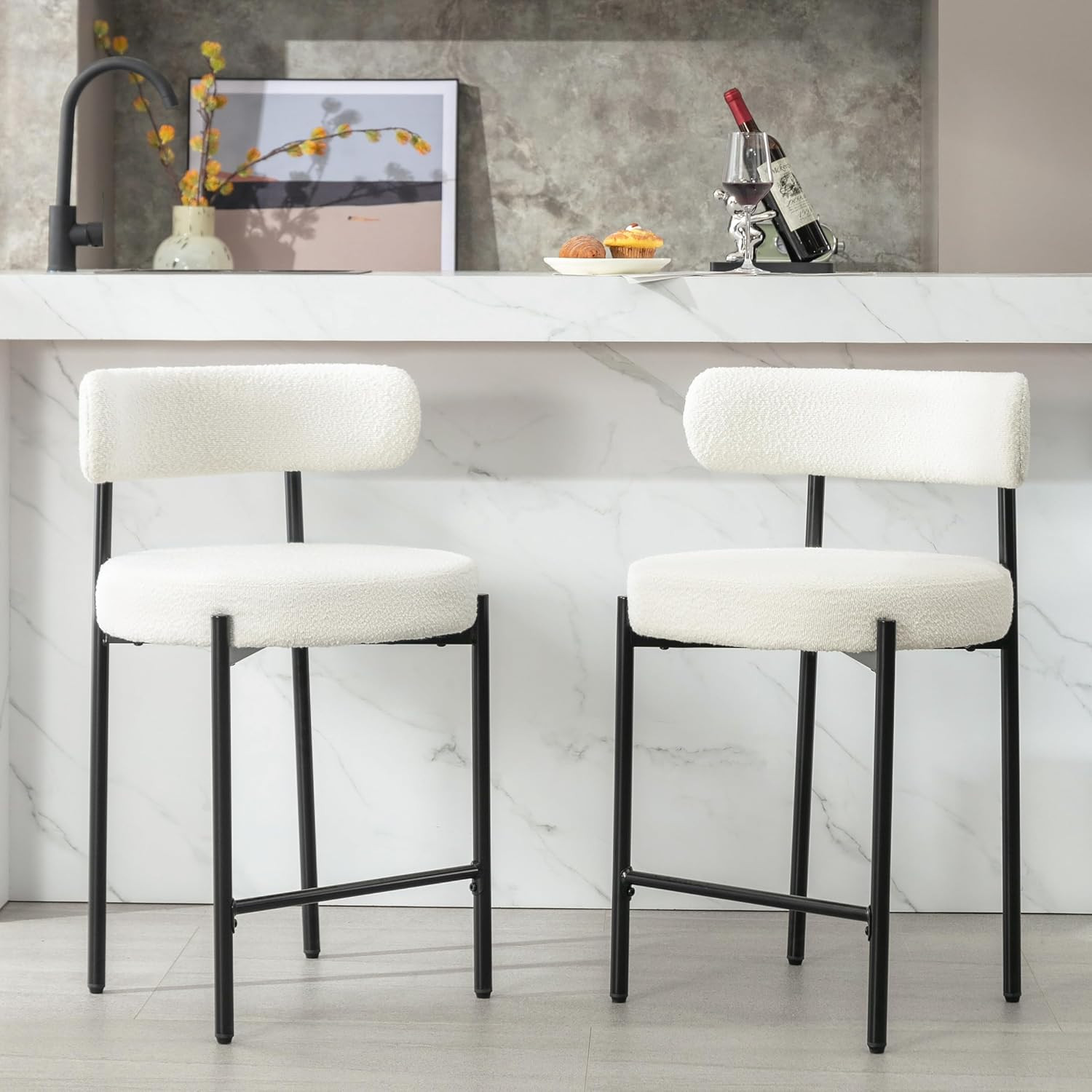 24'' Boucle Counter Stools Set of 2,White Bar Stools with Backs,Counter Height Bar Stools for Kit... | Amazon (US)