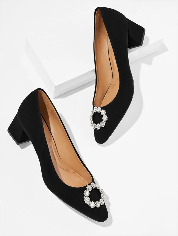 Kayla Embellished Suede Block Heel Pumps | Talbots