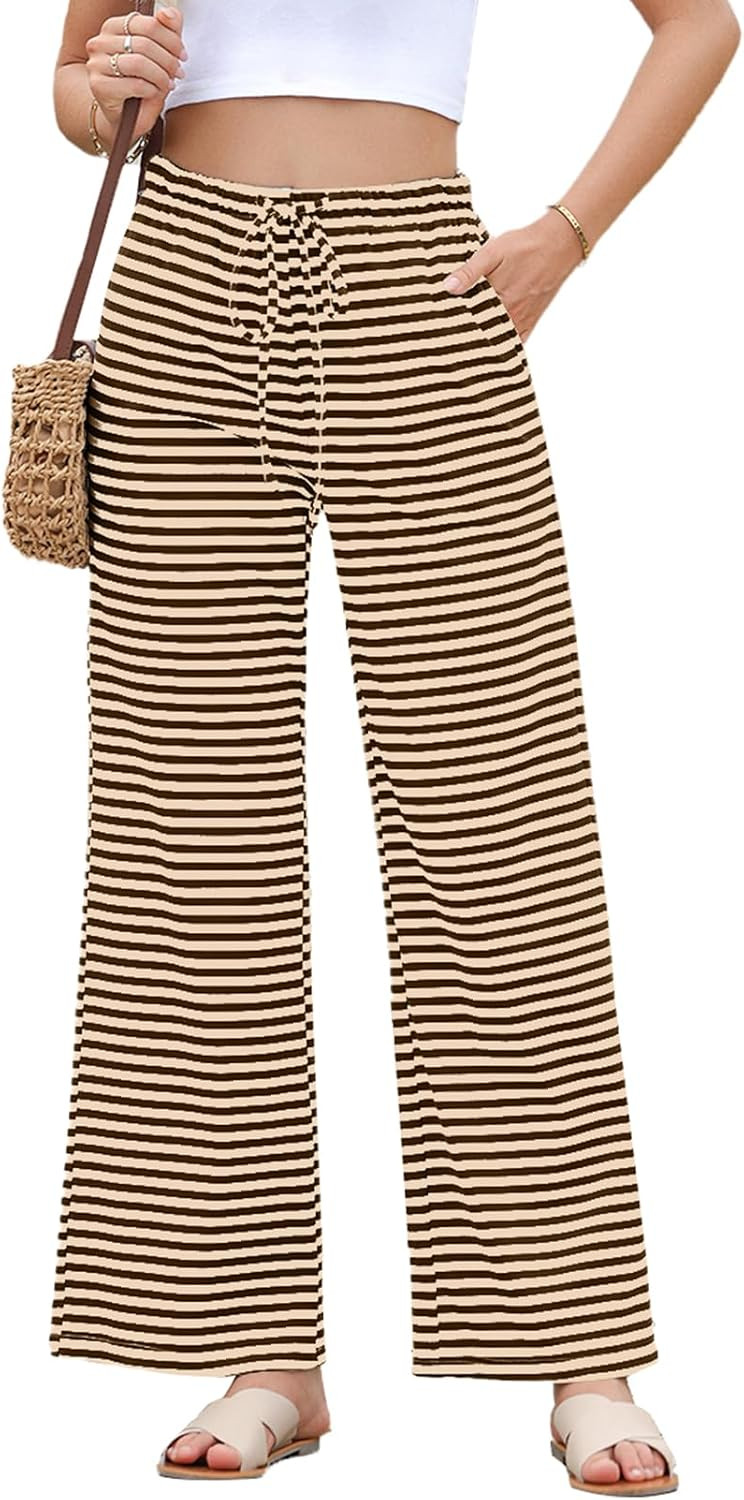 EVALESS Striped Pants Women Casual Wide Leg Drawstring Elastic Waist Kint Trousers Lounge Sweatpants with Pockets | Amazon (US)