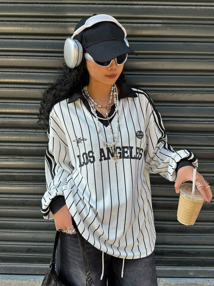 SHEIN Muchic Women's New Striped Letter & Number Print T-Shirt, Sporty Style | SHEIN