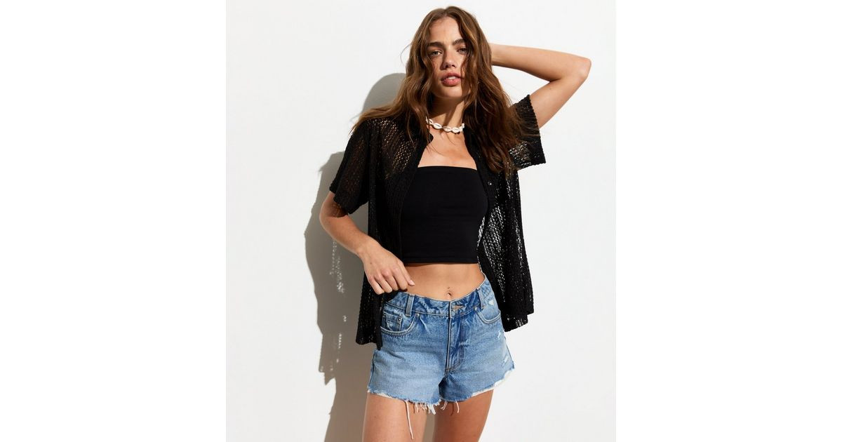 Black Crochet Short Sleeve Shirt | New Look | New Look (UK)