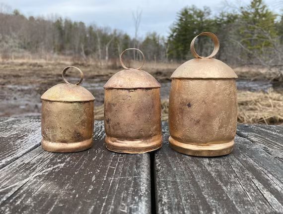 Set of 3 Rustic Gold Bells in Gradual Sizes of approximately 4", 5" & 5 1/2-6"- With Wooden Ringe... | Etsy (US)