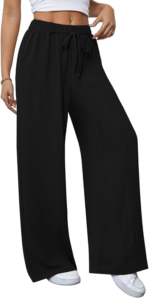 Pink Queen Womens Casual High Waist Pants Drawstring Loose Fit Summer Work Pants Trousers with Si... | Amazon (US)