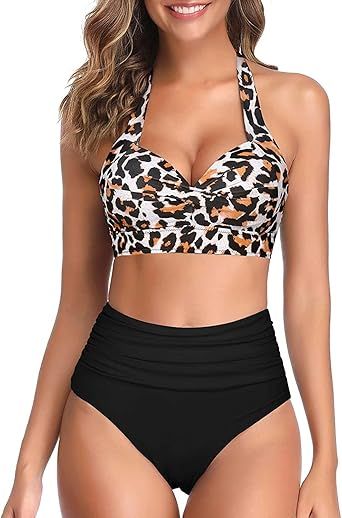 Tempt Me Women Two Piece Vintage Swimsuit Retro Halter Ruched High Waist Bikini with Bottom | Amazon (US)