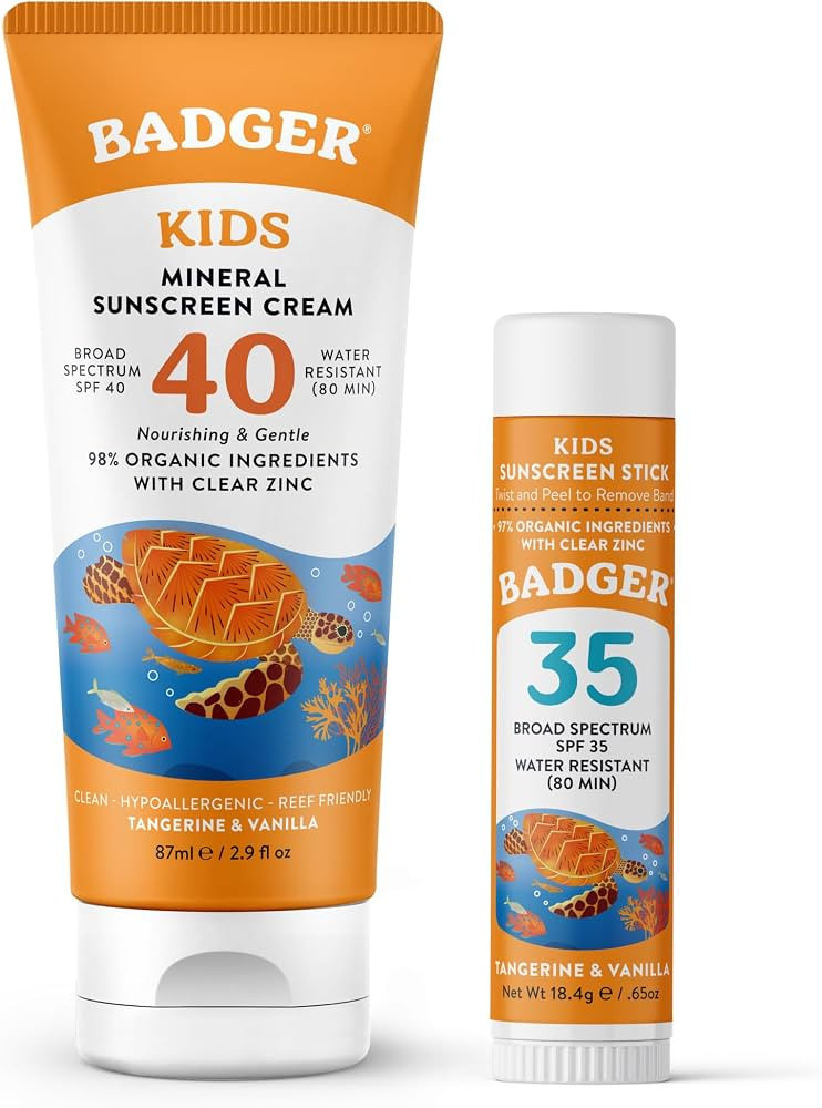 Badger Kids Mineral Sunscreen Combo, SPF 40 Cream + SPF 35 Kids Face Stick, 98% Organic Ingredien... | Amazon (US)