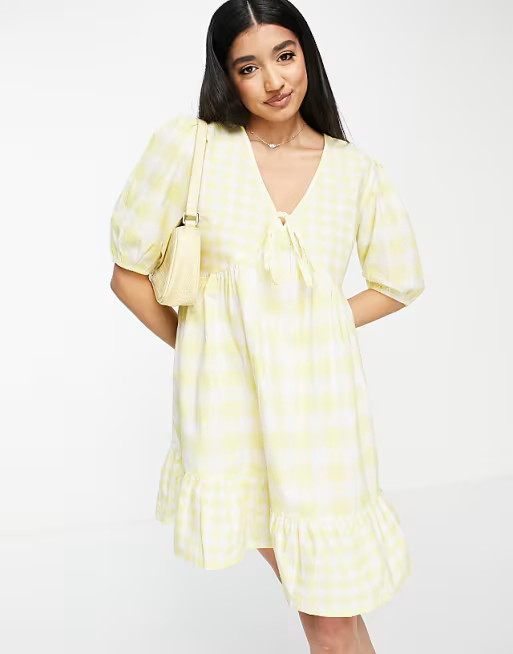 Influence short sleeve front tie mini dress in yellow gingham | ASOS (Global)