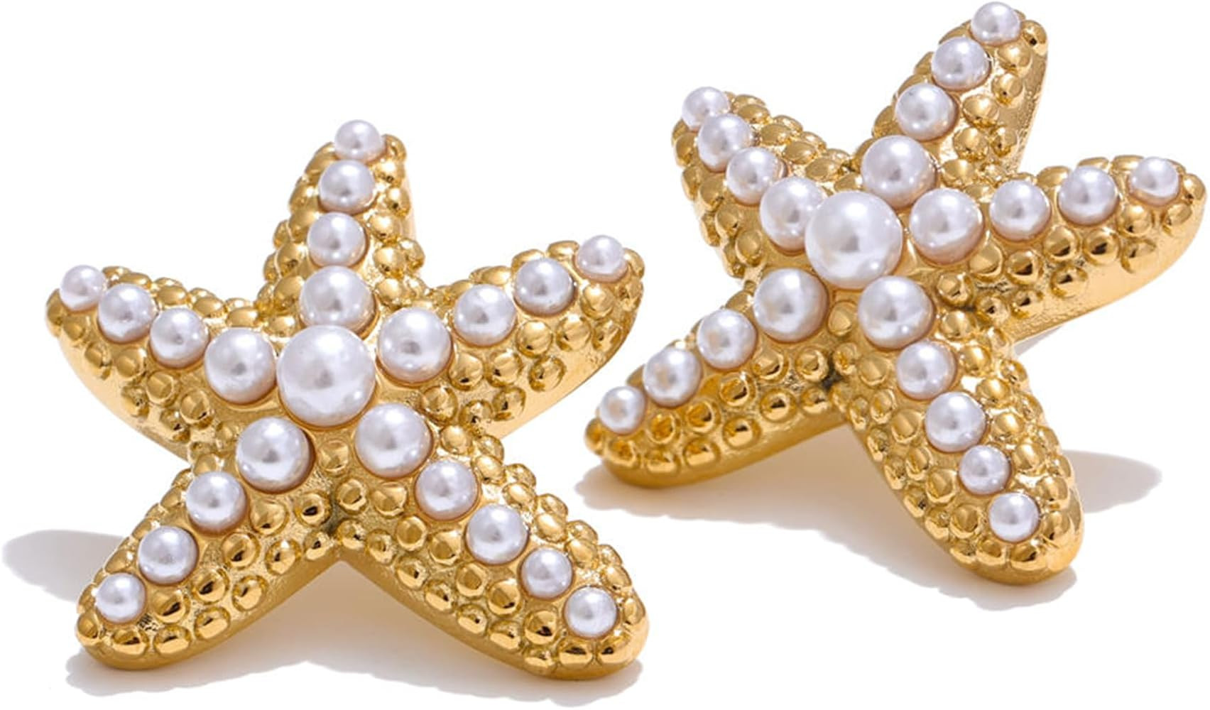 Gold Starfish Earrings for Women: Statement Seashell with Pearls Beachy Ocean-Inspired Stud Water... | Amazon (US)