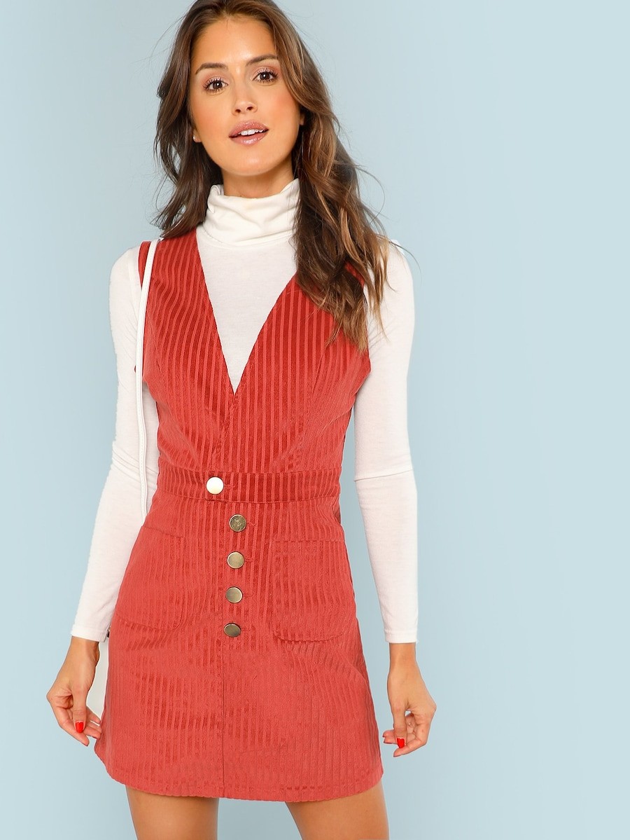 Surplice Neck Pocket Front Corduroy Dress | SHEIN