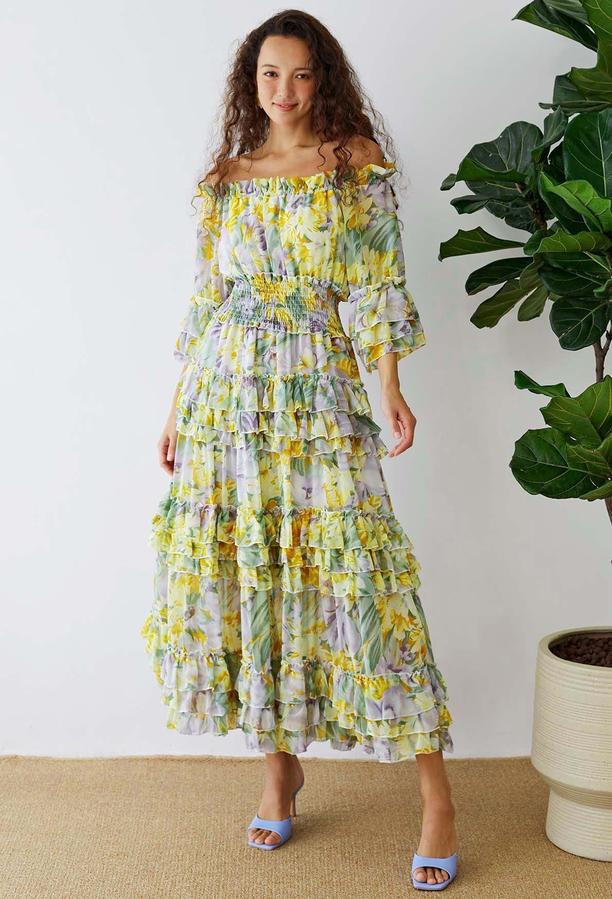 Tiered Ruffle Floral Off-Shoulder Chiffon Maxi Dress in Yellow | Chicwish