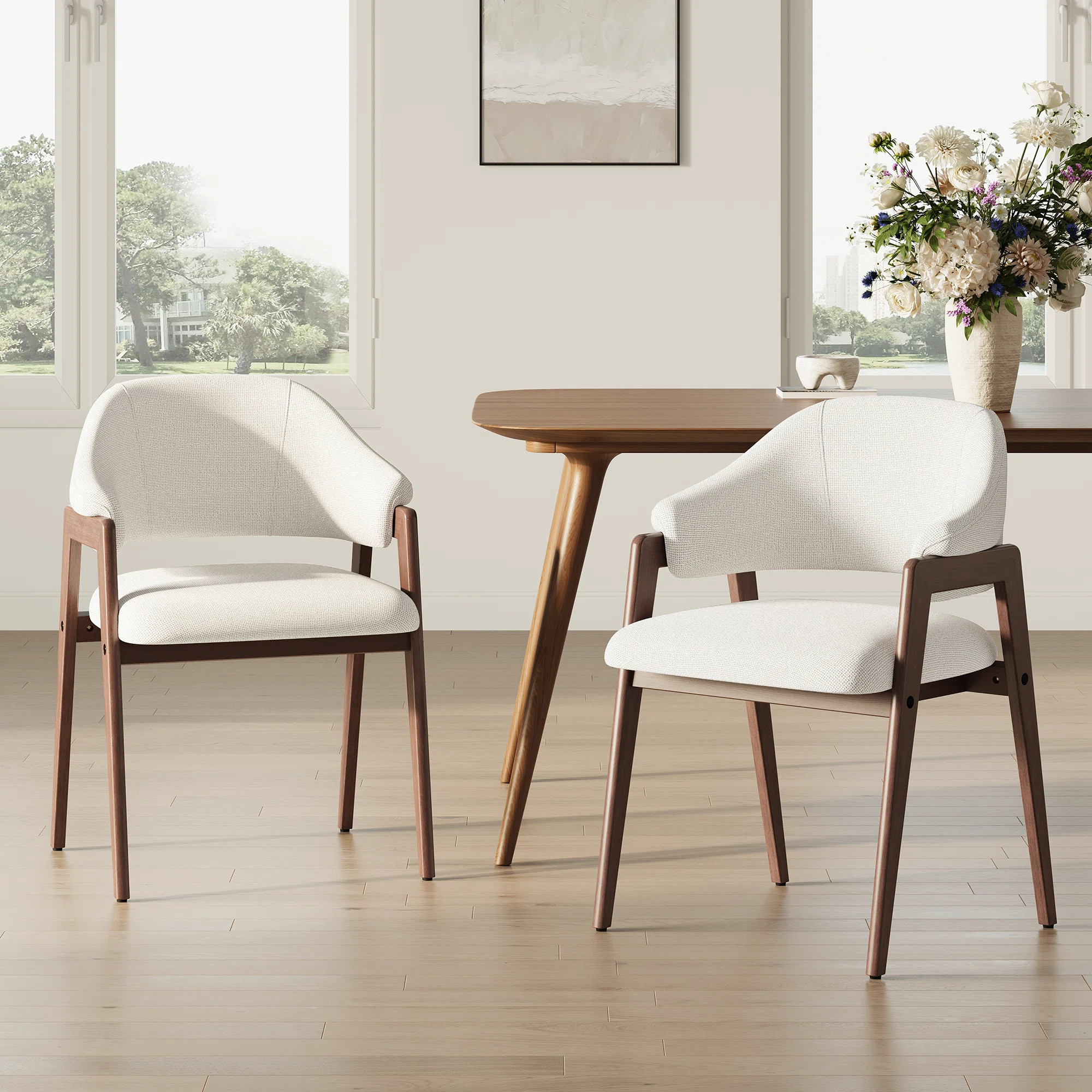 Modern Minimalist Upholstered Linen Dining Armchair with Solid Wood Legs (Set of 2) | Wayfair North America