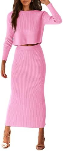 PRETTYGARDEN Women's Spring Fall 2 Piece Sweater Set Rib Knit Long Sleeve Crop Top Maxi Bodycon S... | Amazon (US)