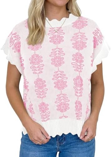 Saodimallsu Womens Floral Sweater Vest Cap Sleeve Loose Knit Vintage Crew Neck Scalloped Summer S... | Amazon (US)
