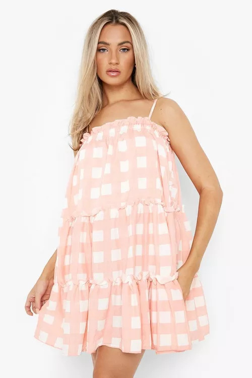 Check Strappy Tiered Frill Hem Smock Dress | Boohoo.com (US & CA)