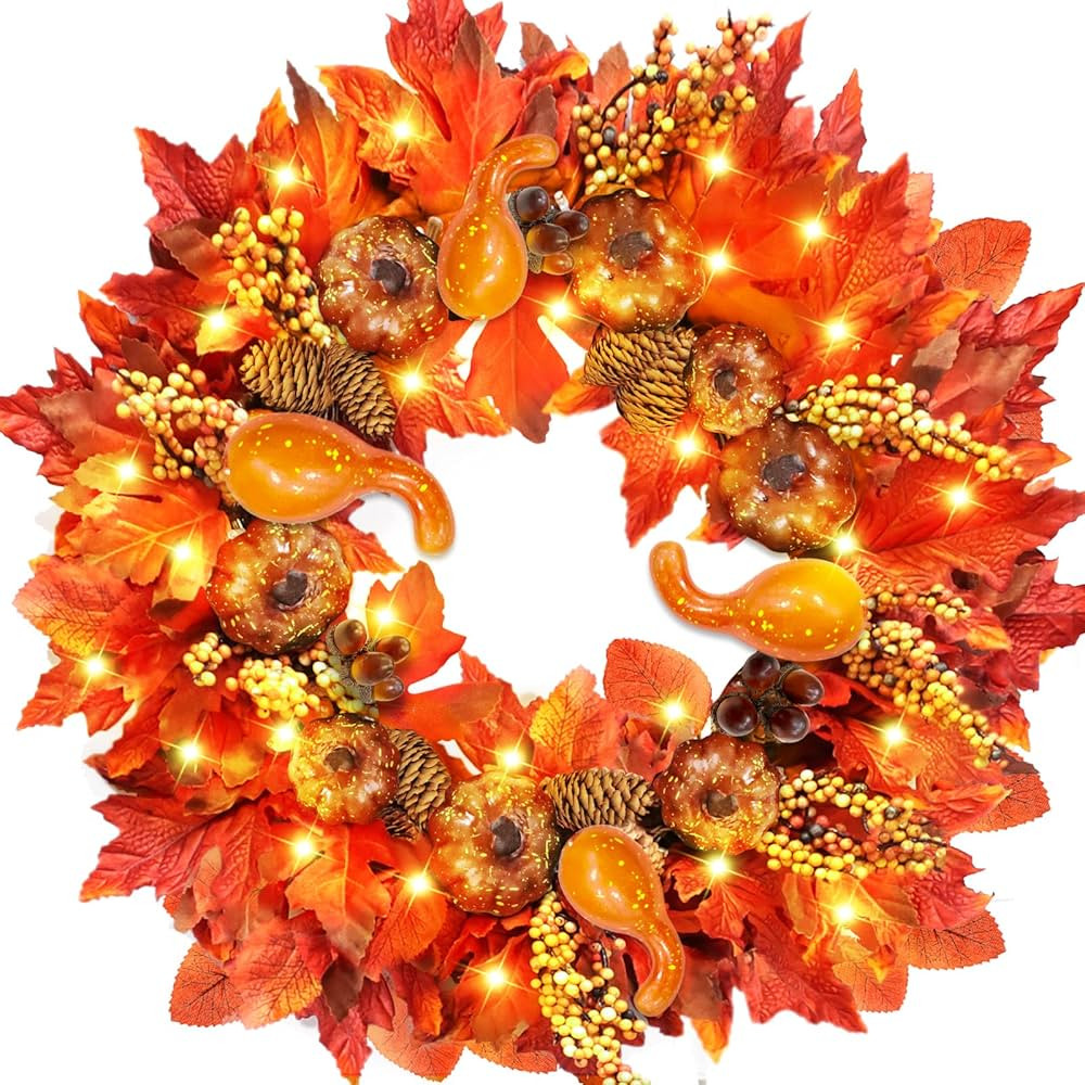 [Timer] 20 Inch 30 LED Prelit Thick Fall Front Door Wreath Fall Decorations 3 Styles 97 Maple Lea... | Amazon (US)