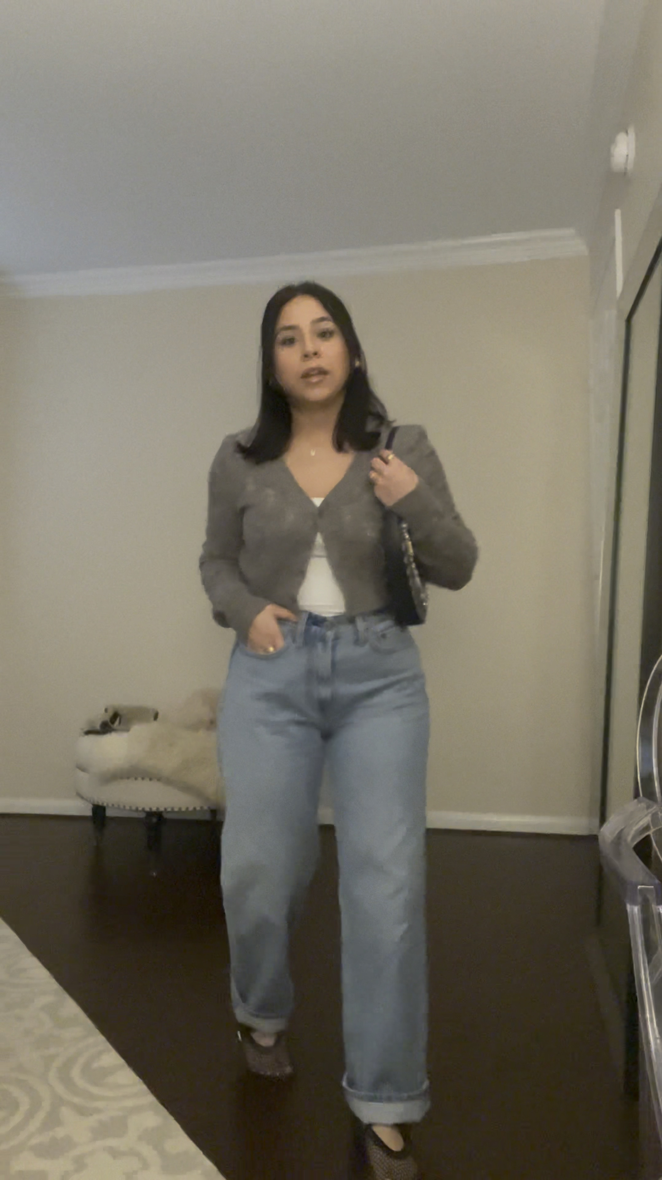 Casual outfit idea 
White tank: small 
Grey cropped cardigan: xs 
Abercrombie curve love jeans: 26 short 
Mesh ballet flats: 6.5 
Gold initial rhinestone necklace 
Miss Dior perfume 
Dior saddle rodeo pouch 

#LTKPetite #LTKFindsUnder100 #LTKSaleAlert