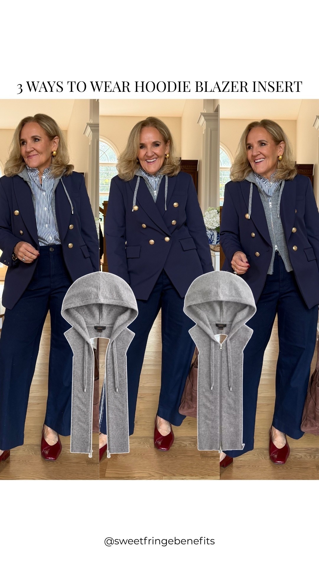 Who knew a little cashmere hoodie insert could give a classic blazer three different looks? I’m wearing a medium blazer, S/M insert, medium blouse, and size 8/29 regular pants.