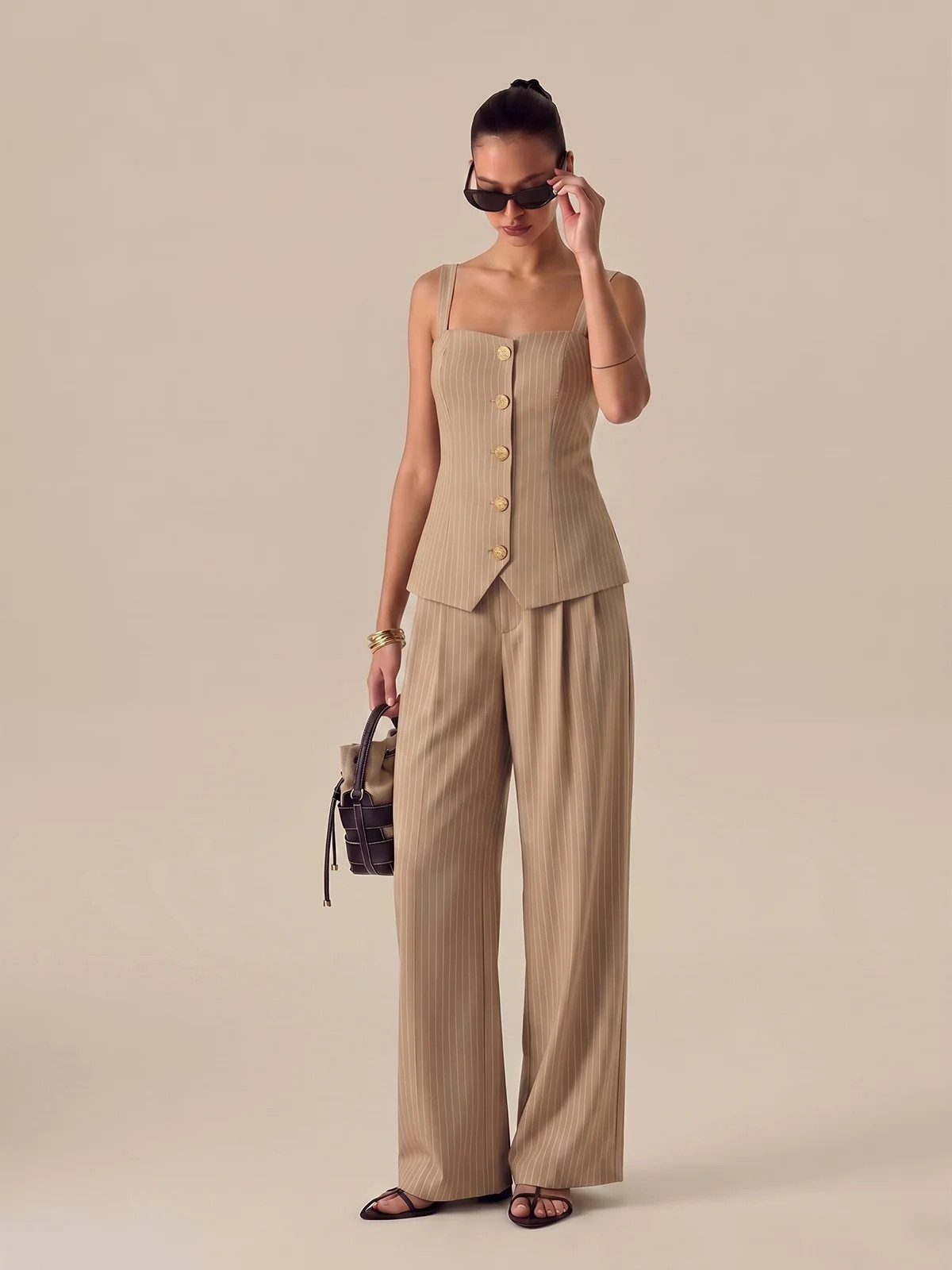 Pinstripe Button-Front Cami Top & Pants Set | Commense