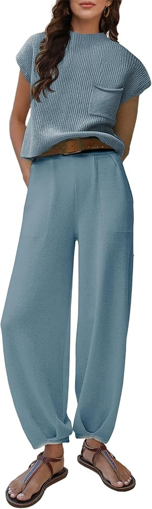 Lentta Women's 2 Piece Sweater Sets Outfits Knit Pullover Tops High Waisted Pants with Pockets | Amazon (US)