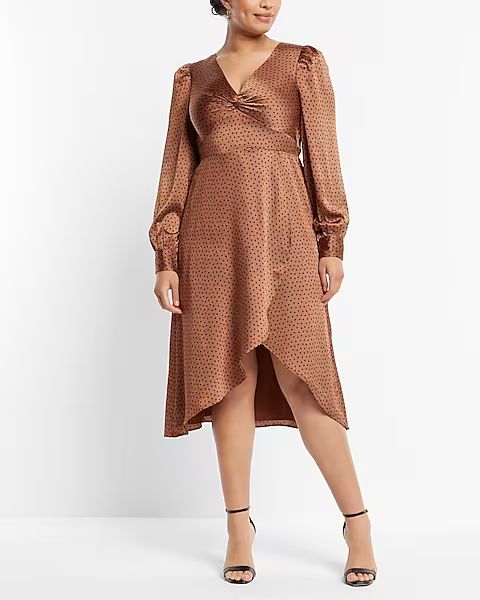 Satin Polka Dot Long Sleeve Twist Front Hi-lo Midi Dress | Express