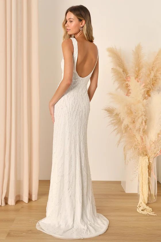 Glamourous Ever After White Sequin Beaded Backless Maxi Dress | Lulus