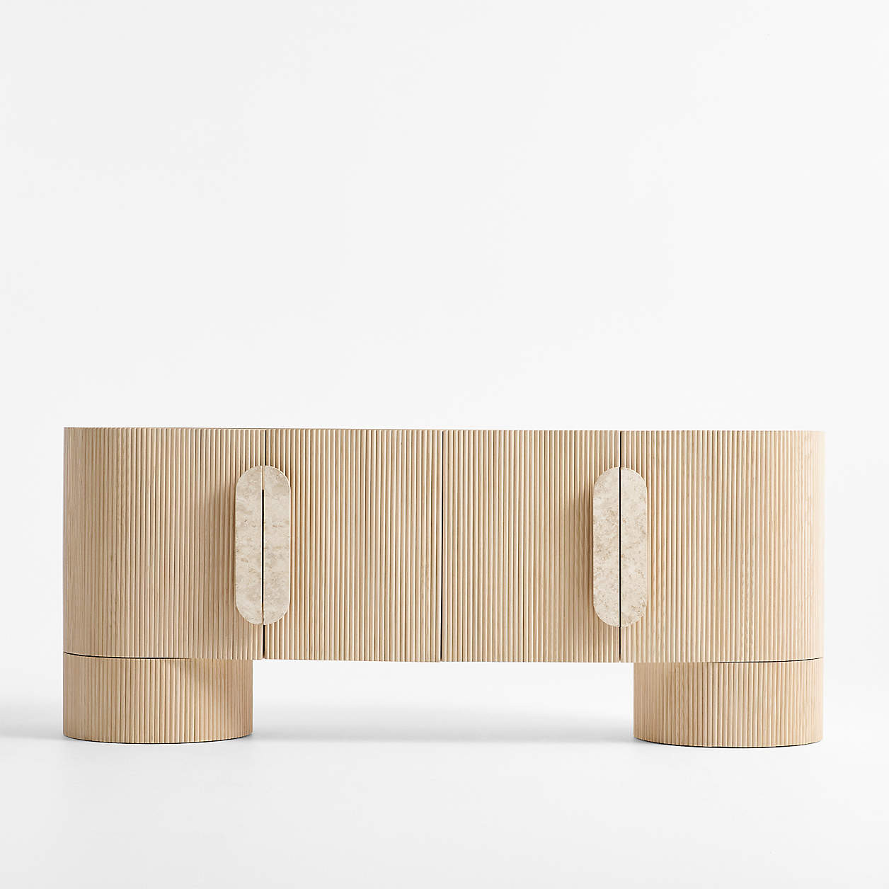 Kahn 75" Ribbed Whitewashed Ash Wood Storage Media Console | Crate & Barrel | Crate & Barrel