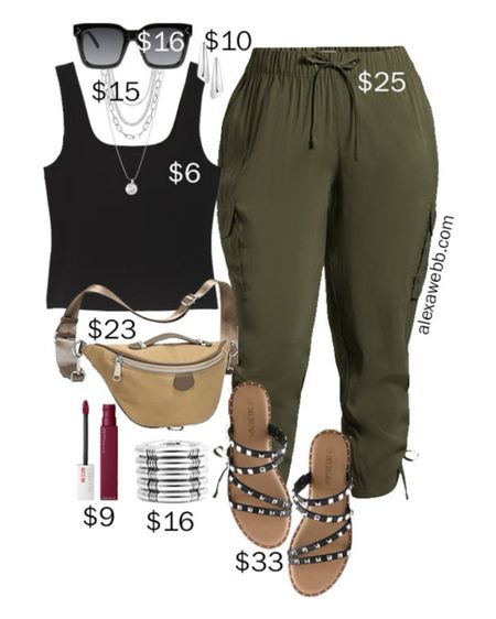 Plus Size on a Budget - Summer Cargo Pants - A plus size summer casual outfit idea with a black tank top, green cargo pants, sling bag, and studded sandals. Alexa Webb #plussize

#LTKStyleTip #LTKPlusSize #LTKOver40