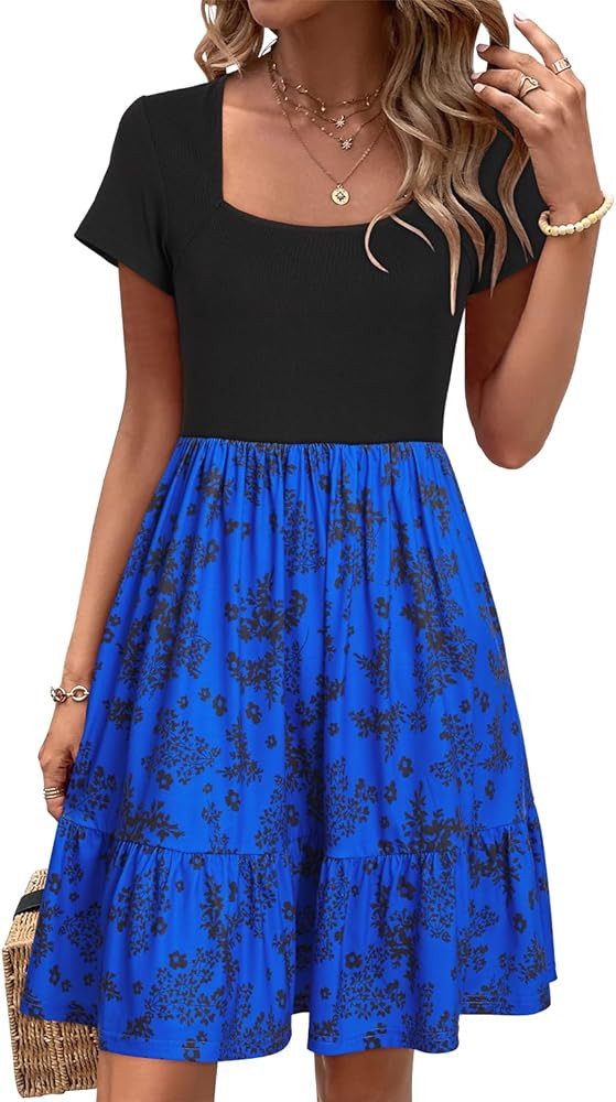 Newshows Womens 2024 Summer Dress Short Sleeve Square Neck Dresses Casual Beach Vacation A-Line R... | Amazon (US)